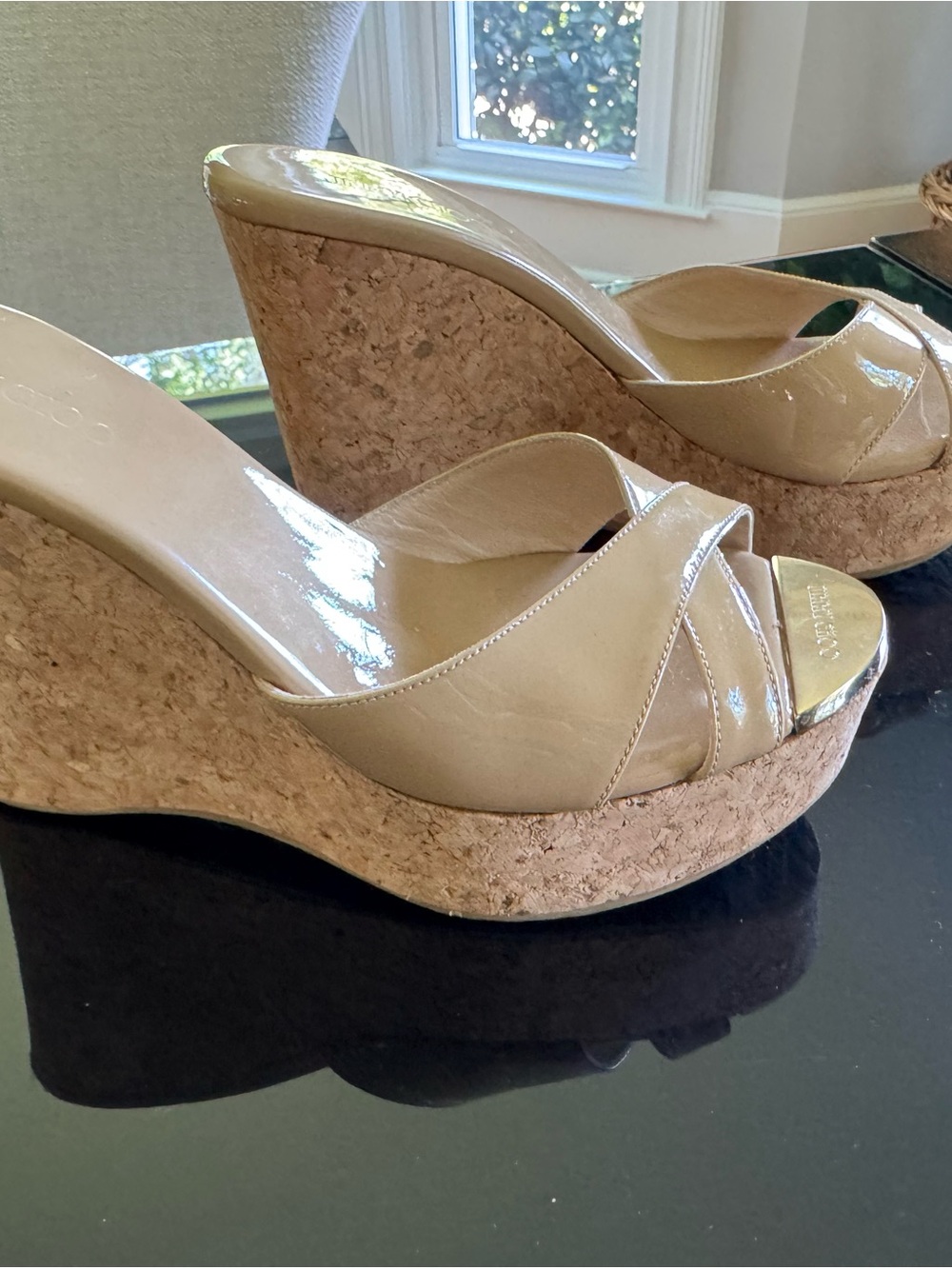 Jimmy Choo Patent Leather Cork Wedge Slide Sandals - Nude Color